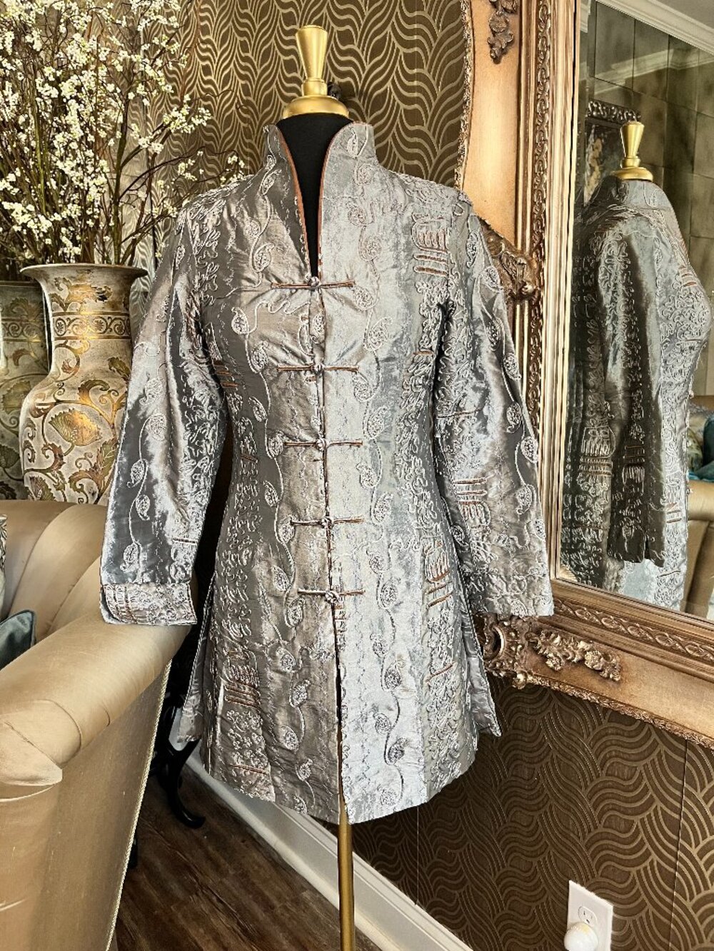 shanghai soho silver satin Tang mandarin collar frog button closures jacket